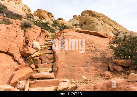 Sandstein-Schritte auf einem Wanderweg in der Wüste am Red Rock Canyon National Conservation Area in der Nähe von Las Vegas, Nevada. Stockfoto