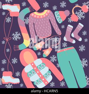 Nahtlose Muster mit Winterkleidung. Warm Woollies. Kleidung für kaltes Wetter. Handschuhe, Mützen, Schal, Pullover, Jacke, Schuhe, Socken mit Ornament Stock Vektor