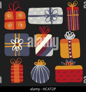 Satz von 9 verschiedenen Geschenkboxen. Niedlichen Design. Bunte kreative Geschenke Stock Vektor