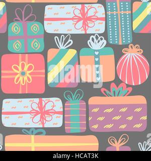 Nahtlose Muster mit verschiedenen Geschenkboxen. Niedlichen Design. Bunte kreative Geschenke. Hintergrund wiederholen Stock Vektor
