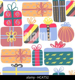 Nahtlose Muster mit verschiedenen Geschenkboxen. Niedlichen Design. Bunte kreative Geschenke. Hintergrund wiederholen Stock Vektor