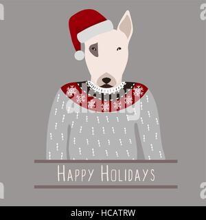 Gruß Hintergrund mit Bullterrier. Ein Hund mit einem Hut von Santa Claus. Flaches Design. PET-Cute-Doggie. Cartoon-Figur Stock Vektor