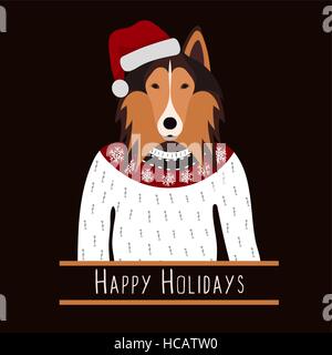 Gruß Hintergrund mit Rough Collie. Ein Hund mit einem Hut von Santa Claus. Flaches Design. PET-Cute-Doggie. Cartoon-Figur Stock Vektor