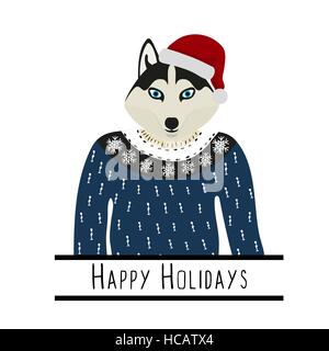 Gruß Hintergrund mit Siberian Husky. Ein Hund mit einem Hut von Santa Claus. Flaches Design. PET-Cute-Doggie. Cartoon-Figur Stock Vektor