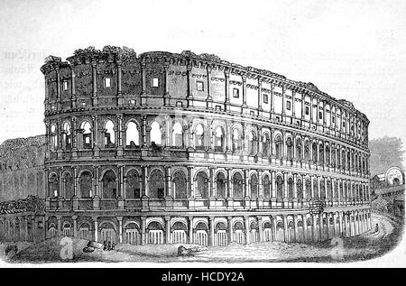 Kolosseum oder Coliseum, das flavische Amphitheater, Anfiteatro Flavio, ein ovales Amphitheater im Zentrum von Rom, Italien, erbaut 80 AD, die Geschichte des antiken Rom, Römisches Reich Stockfoto