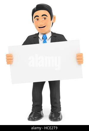 3D-Abbildung für Geschäftsleute. Geschäftsmann, der mit einem leeren Poster steht. Isolierter weißer Hintergrund. Stockfoto