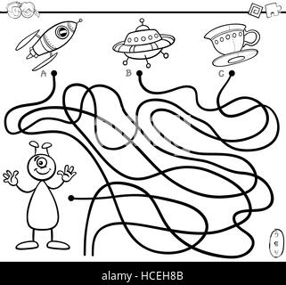 Schwarz / Weiß Cartoon Illustration Pfade oder Labyrinth Aktivität Puzzlespiel mit Alien Charakter und Ufo-Malseite Stock Vektor