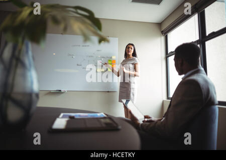 Geschäftsfrau, die auf weißen Tafel mit einem Kollegen diskutieren Stockfoto