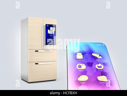 Kühlschrank und Smartphone auf grauem Hintergrund isoliert. Intelligente Geräte-Konzept. 3D-Rendering Bild. Stockfoto