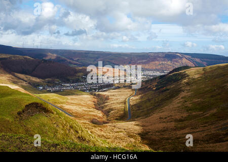 Bwlch y Clawdd, blickte in Richtung Cwm Parc und Treorchy in Süd-Wales, UK Stockfoto