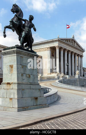 Parlamentsgebäude in Ringstrabe in Wien, Österreich. Das österreichische Parlament ist der Zweikammern-Gesetzgeber in Österreich. Stockfoto