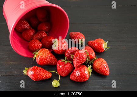 Erdbeeren aus einem roten Eimer auf einem schwarzen Tisch fallen Stockfoto