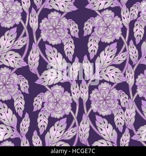 Nahtlose abstrakte Blumenmuster. 3d Vektor-Blüten, Zweige und Blätter. Elemente für das Design in lila Farben auf dunklem Hintergrund. Stock Vektor
