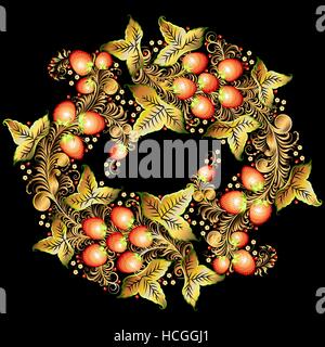 Runde Ornament in der russischen nationalen Stil Chochloma Malerei. Kranz Darstellung der traditionellen volkstümlichen russischen floral alten Ornament auf schwarzem Hintergrund. Stock Vektor