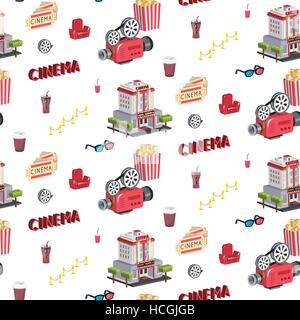 Nahtlose Muster der Kino-Ikonen-Abbildung auf weißem Hintergrund Stock Vektor
