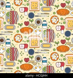 Nahtlose Muster der nahrhaften Frühstücksset im flat design Stock Vektor