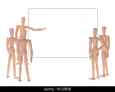 Hölzerne Charaktere treffen. Lautsprecher, Publikum und leeren Bildschirm mit Textfreiraum. Vortrag, Schulung, Präsentation oder Unterrichtung Konzept Stockfoto