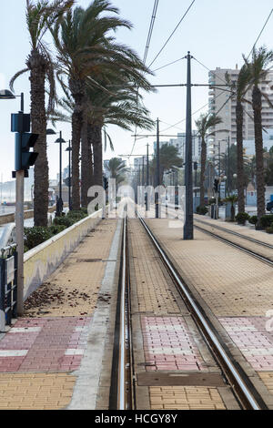 Playa de Muchavista, El Campello, Provinz Alicante, Spanien, Straßenbahn entlang der Strandpromenade an einem windigen Tag Stockfoto