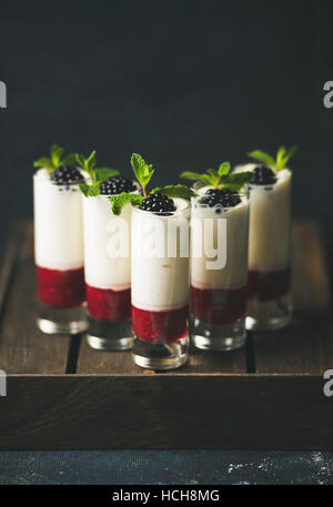 Hausgemachte Desserts mit frischen Brombeeren und Minzblätter in Gläsern auf Holztisch auf dunklem Hintergrund, Tiefenschärfe, kopieren Sie Raum, vertikale tagten Stockfoto