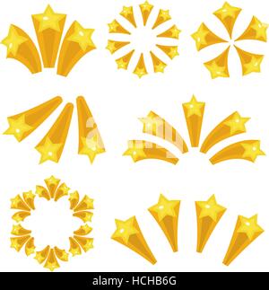 Sterne platzen Symbol Set Cartoon-Stil. Gelbe Sterne Explosion Feuerwerk, Flash-isoliert auf weißem Hintergrund. Vektor-Illustration. Stock Vektor