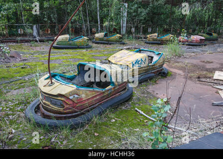 Die stossstange Autos der Prypjat Vergnügungspark. Der Park hat ein Symbol für die 1986 Tschernobyl geworden. Pripyat, Ukraine. Stockfoto