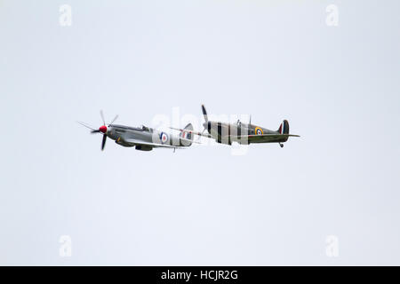 Zwei Versionen der Spitfire Flugzeug Nebeneinander in Dunsfold Airshow Flying, Surrey, England, Großbritannien Stockfoto