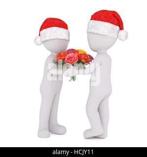 Liebevoller 3d Mann seiner liebsten ein paar bunte frische Rosen am Valentinstag oder ein Geschenk für Weihnachten, gerendert Abbildung auf weiß Stockfoto