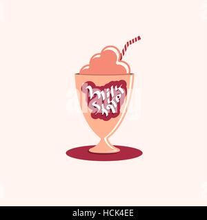 Milchshake hand gezeichneten Texts auf Glas. Frische süße Gesichtscreme Getränk essen Vorstellung Vektor-Illustration. Gesundes Dessert trinken Konzept. Stock Vektor