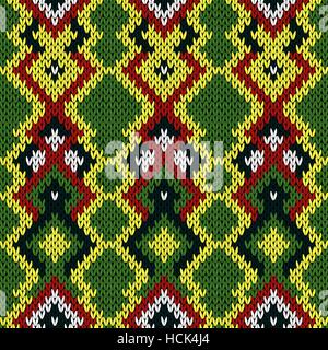 Gestrickte Hintergrund roten, grünen, gelben und weißen Farben, nahtlose stricken Vektormuster als Stoff Textur Stock Vektor