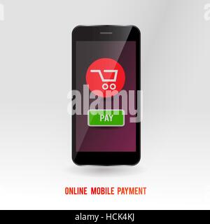 Mobile Online-Zahlungsservice. Moderne Gadget mit Technologie, über Internet-shopping-Konzept zu kaufen. Kauf-Symbol auf dem Display des mobilen Geräts. Vektor krank Stock Vektor