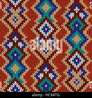 Gestrickte Hintergrund rot, braun, blau, Türkis, Beige und weiße Farben, nahtlose stricken Vektormuster als Stoff Textur Stock Vektor