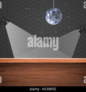 Vektor leer bar Hintergrund mit Mauer, Holztisch und Disсo Ball. Stock Vektor
