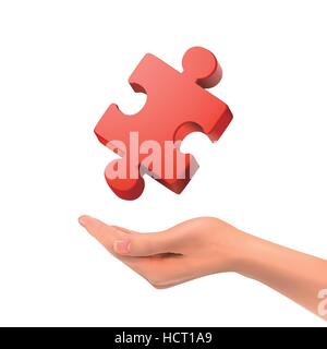 3D Hand mit Jigsaw Puzzle-Stück auf weißem Hintergrund Stock Vektor