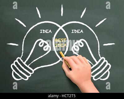 beste Idee Glühbirnen Konzept über Tafel von Hand gezeichnet Stock Vektor