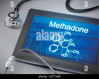 Methadon-Wort auf Tablet mit Stethoskop über Tabelle angezeigt Stock Vektor