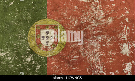 Alten Grunge Vintage verschmutzt verblasst schäbig distressed Portugal (Portugiesische Republik, Republica Portuguesa) nationale Flagge mit Wappen Hintergrund Stockfoto