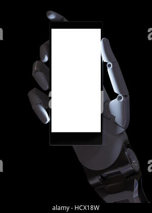 Weiße futuristische Android Hand mit selbstleuchtenden Smartphone in Dunkelheit Closeup Konzept 3d Illustration Stockfoto