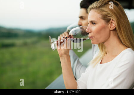 Schöne Frau, Wein und Landschaft genießen Stockfoto