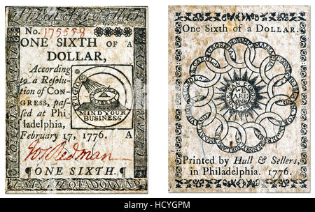 Echte kontinentale Dollar datiert 1776, wurde das erste Papier US-Dollar, Vorder- und Rückseite Rechnung. Stockfoto