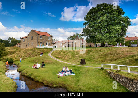 Besucher Picknicken auf dem Dorfplatz in Hutton-le-Hole Stockfoto