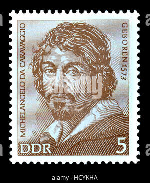 Briefmarke der DDR (DDR) (1973): Michelangelo Merisi da Caravaggio (1571 – 1610), italienischer Maler (von einer Kreide Porträt von Ottavio Leoni) Stockfoto