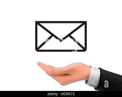 e-Mail-Symbol hält durch realistische Hand über weißem Hintergrund Stock Vektor