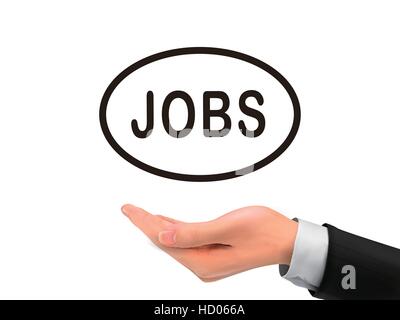 Jobs Wort halten durch realistische Hand über weißem Hintergrund Stock Vektor