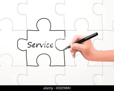 Service-Wort und Puzzle gezeichnet von Menschenhand auf weißem Hintergrund Stock Vektor