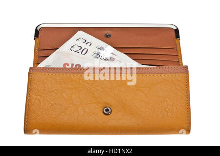 Frau gelb Geldbörse (Wallet) auf dem weißen Hintergrund isoliert Stockfoto