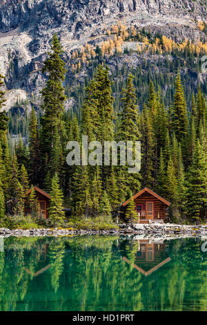 Individuelle Gäste-Kabinen am Ufer des Lake O'Hara im Yoho Nationalpark, Britisch-Kolumbien, Kanada. Kein Property-Release Stockfoto