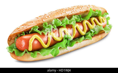 Hot Dog mit Salat, Ketchup und Senf. Datei enthält Beschneidungspfade. Stockfoto