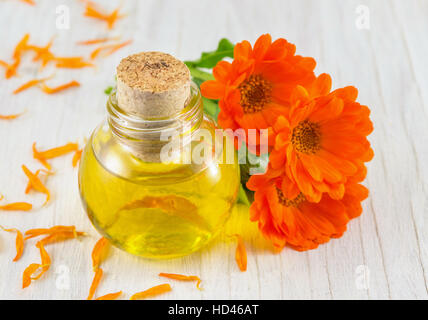Ringelblume-Öl mit einem frischen Blumenstrauß. Naturkosmetik Stockfoto