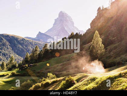 Matterhorn Berg und landwirtschaftlichen Arbeiten in Zermatt in der Schweiz im Sommer. Mit speziellen Strahlen von Licht und Sonne flare Stockfoto