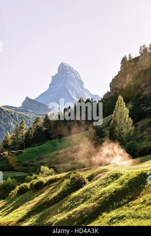 Matterhorn Berg und landwirtschaftlichen Arbeiten in Zermatt, Schweiz im Sommer. Mit speziellen Strahlen von Licht und Sonne flare Stockfoto